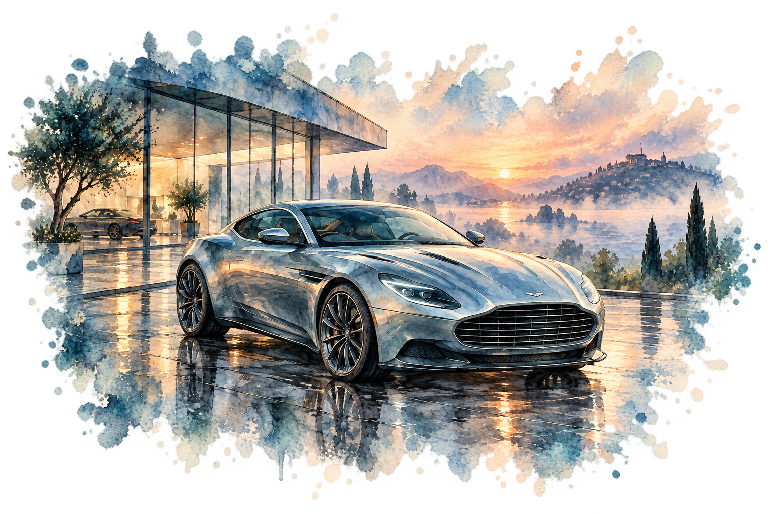 Watercolor grand touring car outside a glass showroom at dusk
